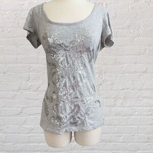 Gray short sleeve top with silver sequins from New York & Company